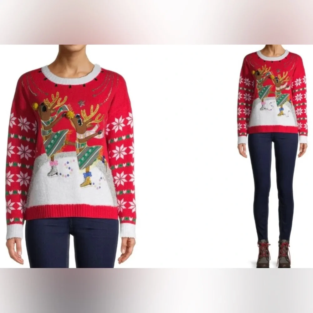 Holiday Time Ugly Sweater Ice Skating Red,Green, Reindeer Design Large 12-14 - Picture 5 of 12